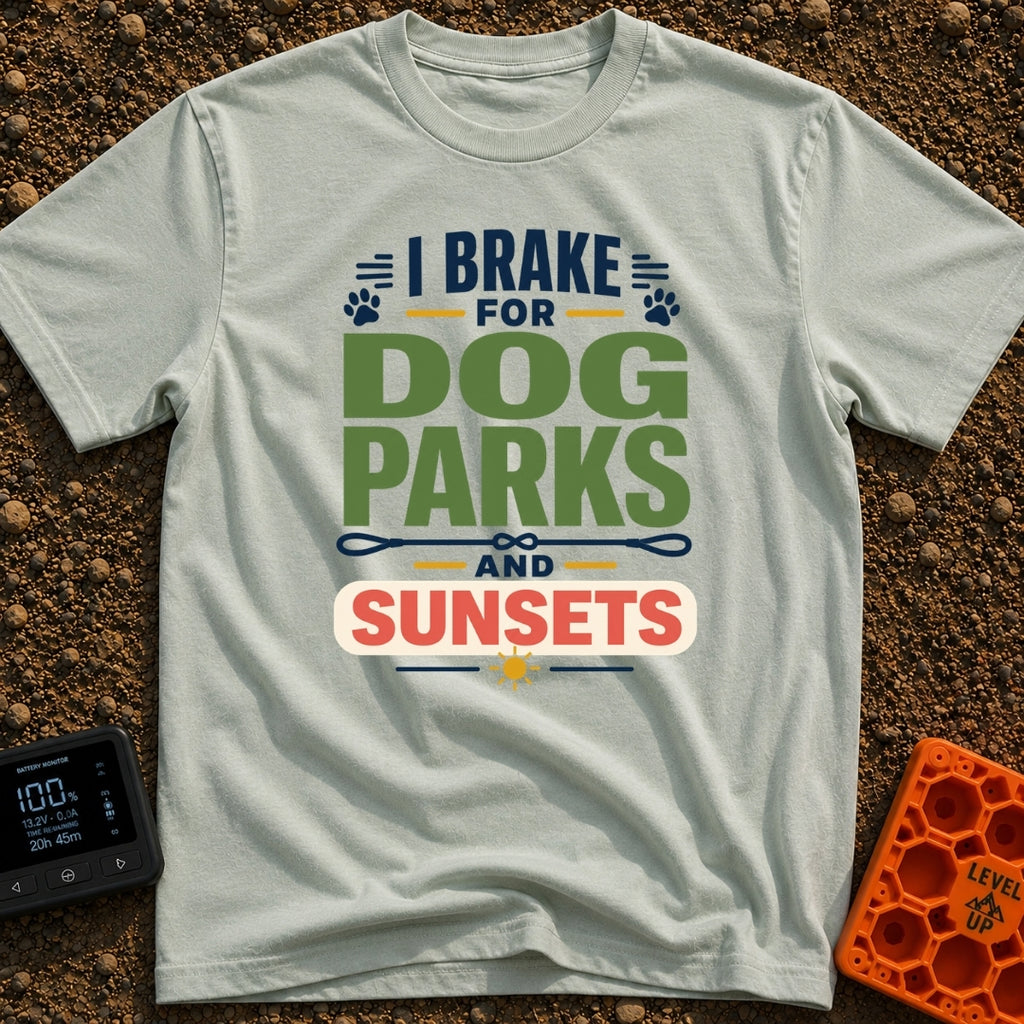 Chasing Sunsets And Tails - T-Shirt in Bay - A typographical design reading "I BRAKE FOR DOG PARKS AND SUNSETS" featuring...