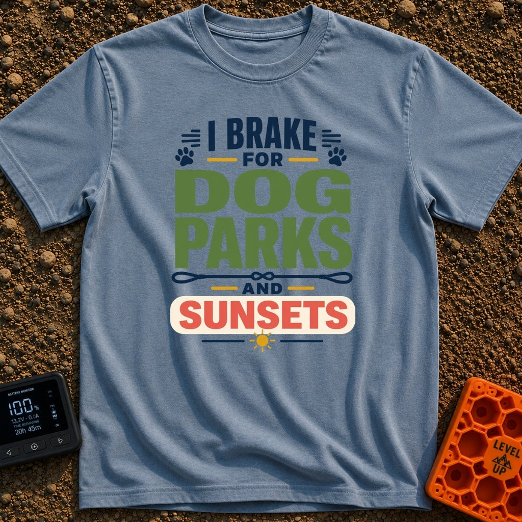 Chasing Sunsets And Tails - T-Shirt in Blue Jean - A typographical design reading "I BRAKE FOR DOG PARKS AND SUNSETS"...