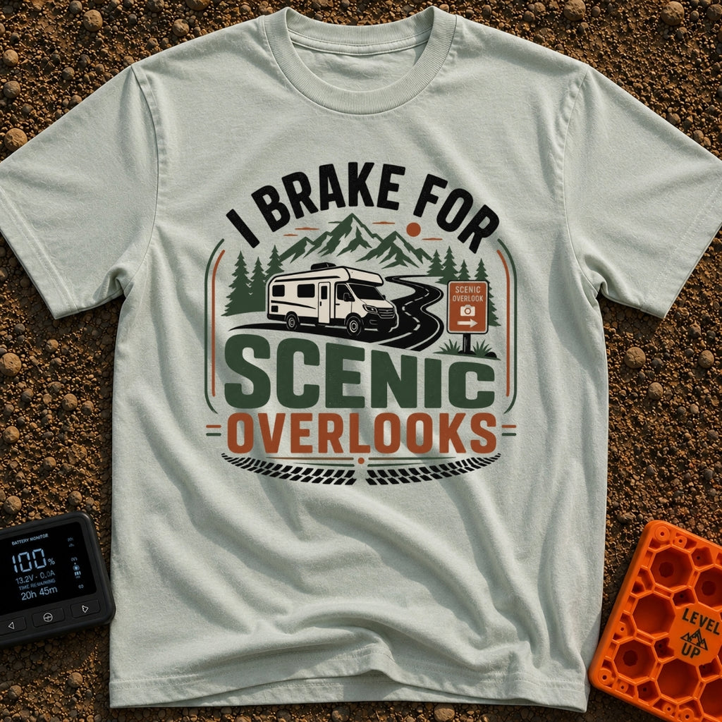 I Brake For Overlooks - T-Shirt in Bay - A Class C motorhome drives along a winding paved road next to a brown 'Scenic...