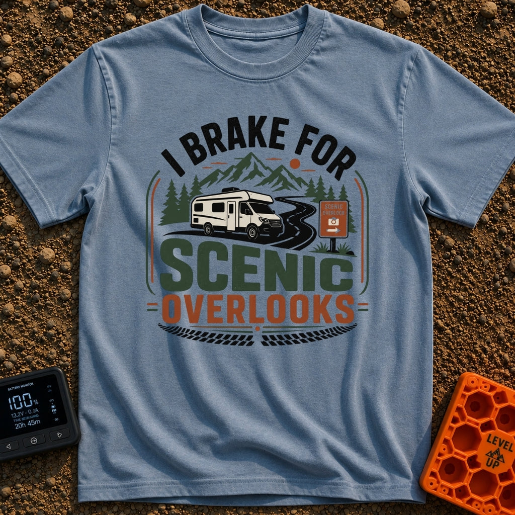 I Brake For Overlooks - T-Shirt in Blue Jean - A Class C motorhome drives along a winding paved road next to a brown...