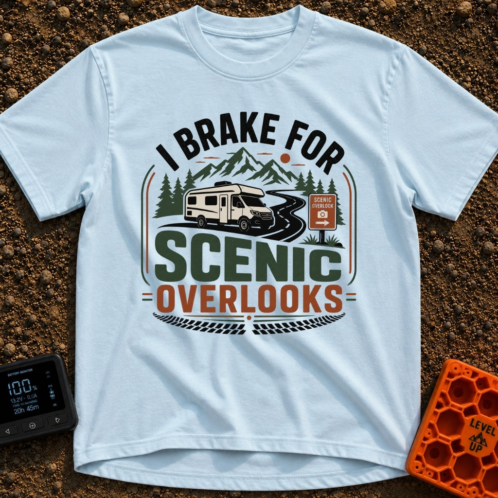 I Brake For Overlooks - T-Shirt in Chambray - A Class C motorhome drives along a winding paved road next to a brown...