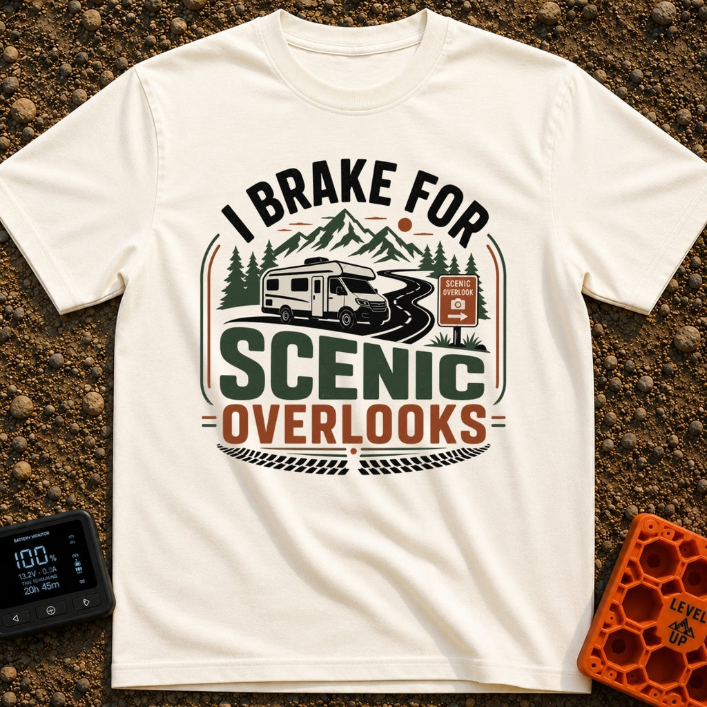 I Brake For Overlooks - T-Shirt in Ivory - A Class C motorhome drives along a winding paved road next to a brown 'Scenic...