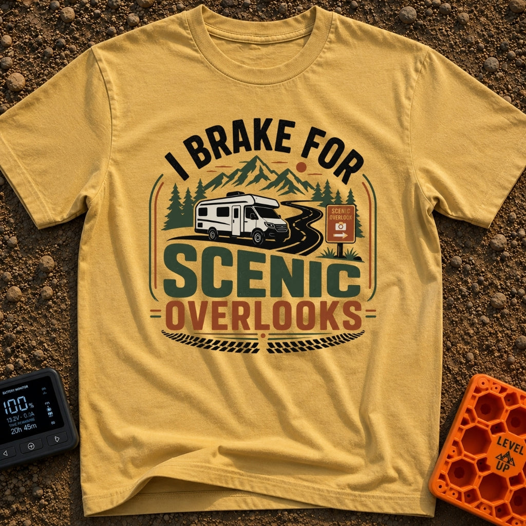 I Brake For Overlooks - T-Shirt in Mustard - A Class C motorhome drives along a winding paved road next to a brown...