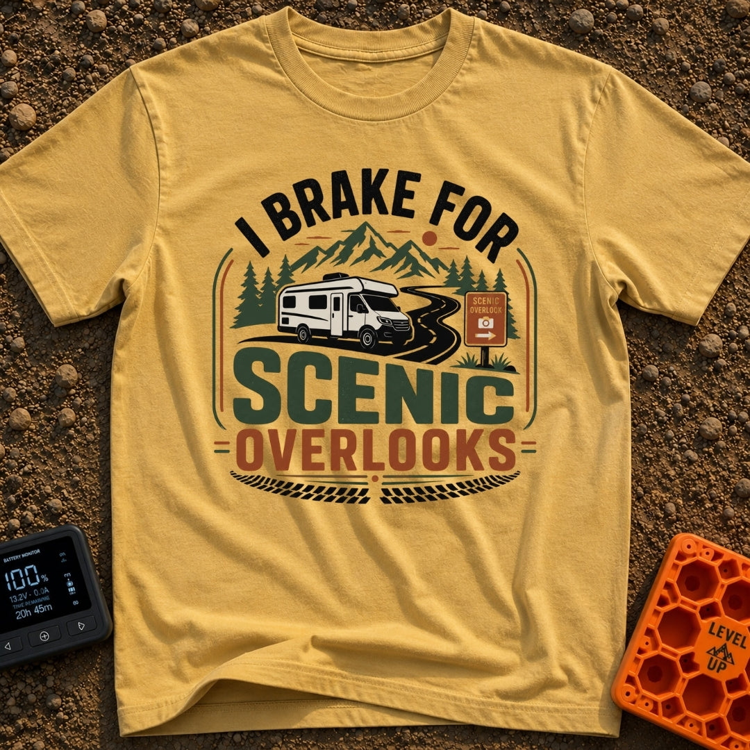 I Brake For Overlooks - T-Shirt in Mustard - A Class C motorhome drives along a winding paved road next to a brown...