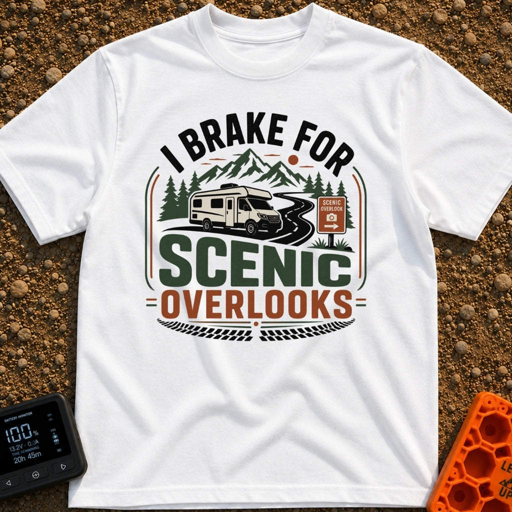 I Brake For Overlooks - T-Shirt in White - A Class C motorhome drives along a winding paved road next to a brown 'Scenic...