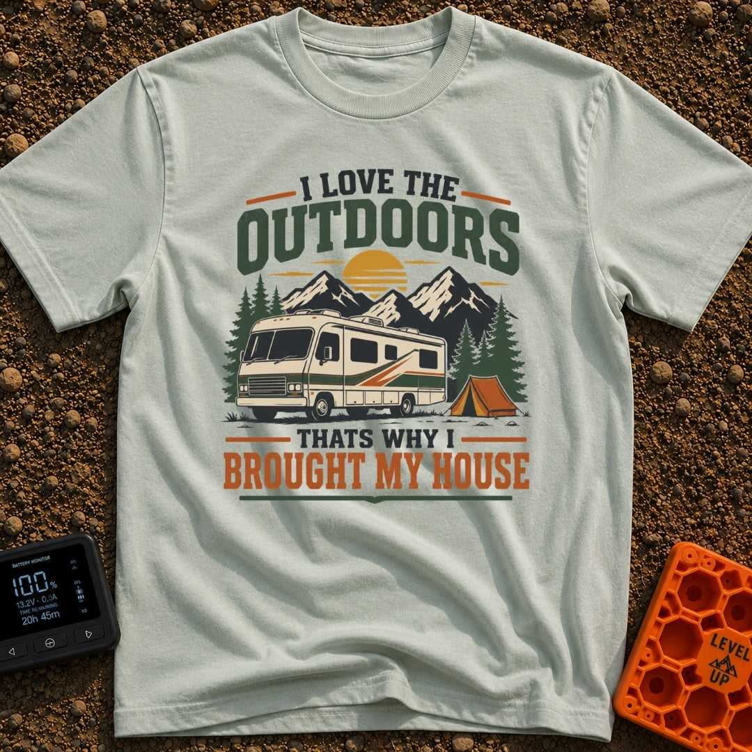 Bring Your Own House - T-Shirt in Bay - An illustration of a large Class A motorhome parked in a forest with mountains...