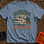 Bring Your Own House - T-Shirt in Blue Jean - An illustration of a large Class A motorhome parked in a forest with...