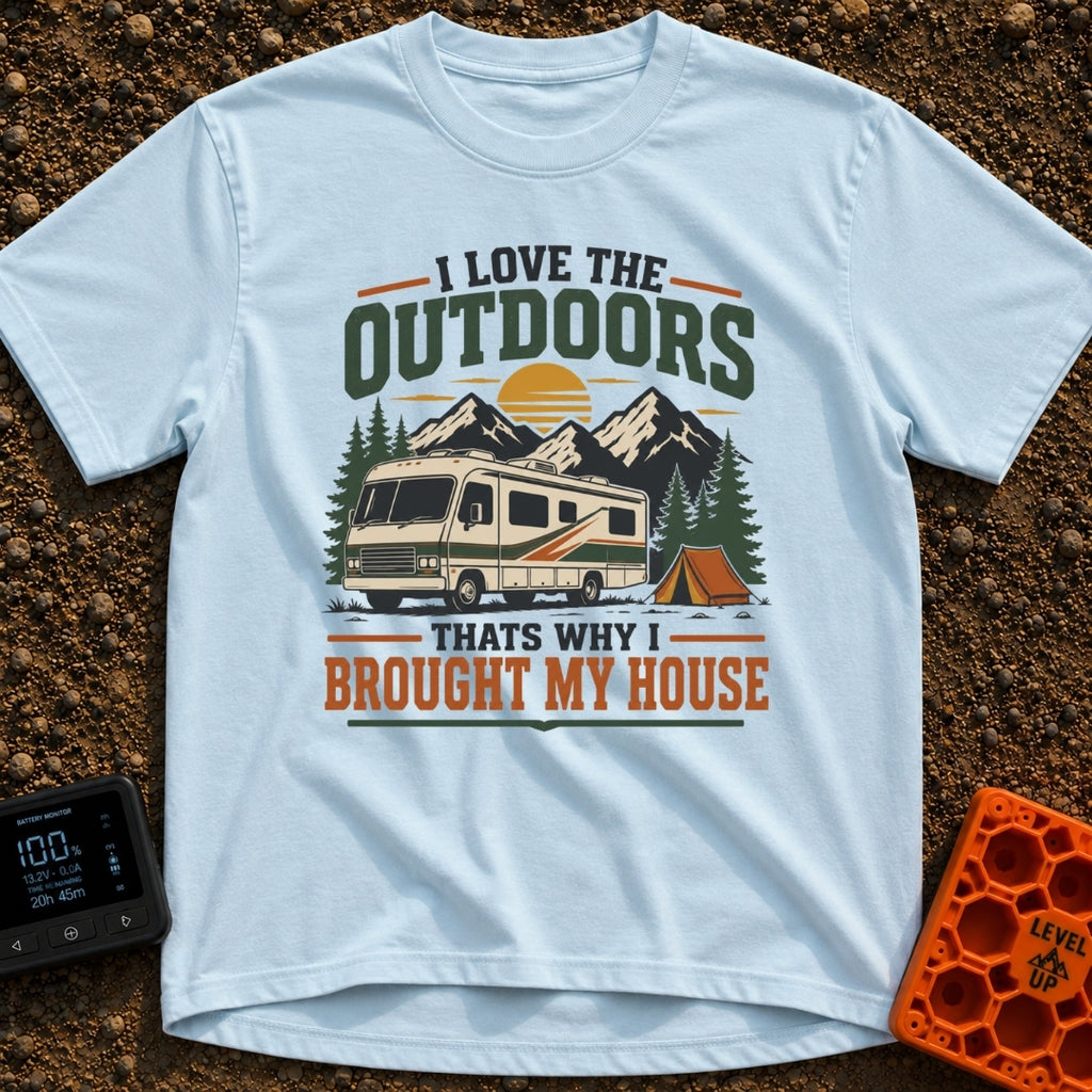 Bring Your Own House - T-Shirt in Chambray - An illustration of a large Class A motorhome parked in a forest with...