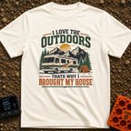 Bring Your Own House - T-Shirt in Ivory - An illustration of a large Class A motorhome parked in a forest with mountains...