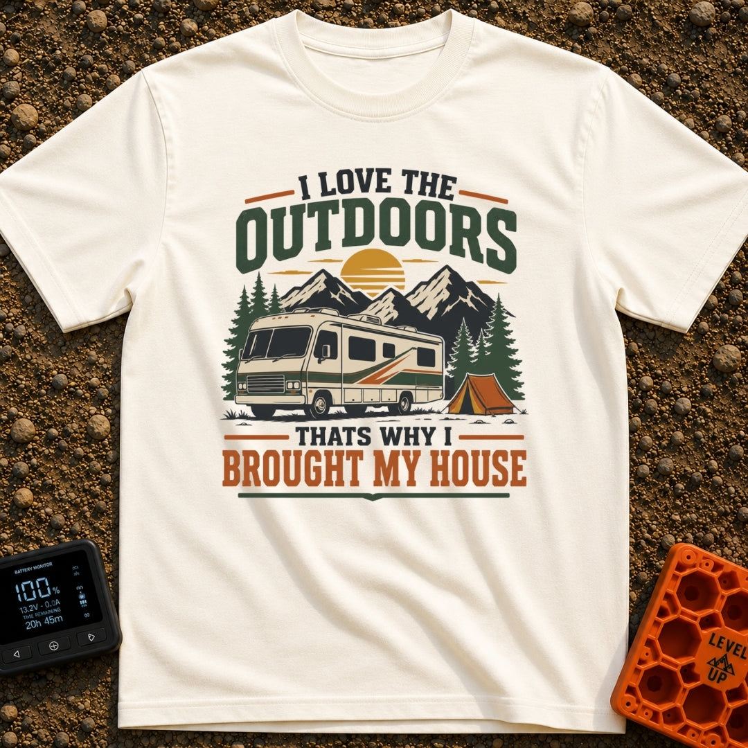 Bring Your Own House - T-Shirt in Ivory - An illustration of a large Class A motorhome parked in a forest with mountains...