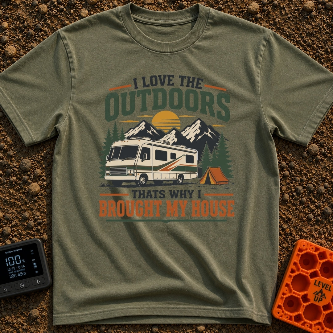 Bring Your Own House - T-Shirt in Moss - An illustration of a large Class A motorhome parked in a forest with mountains...