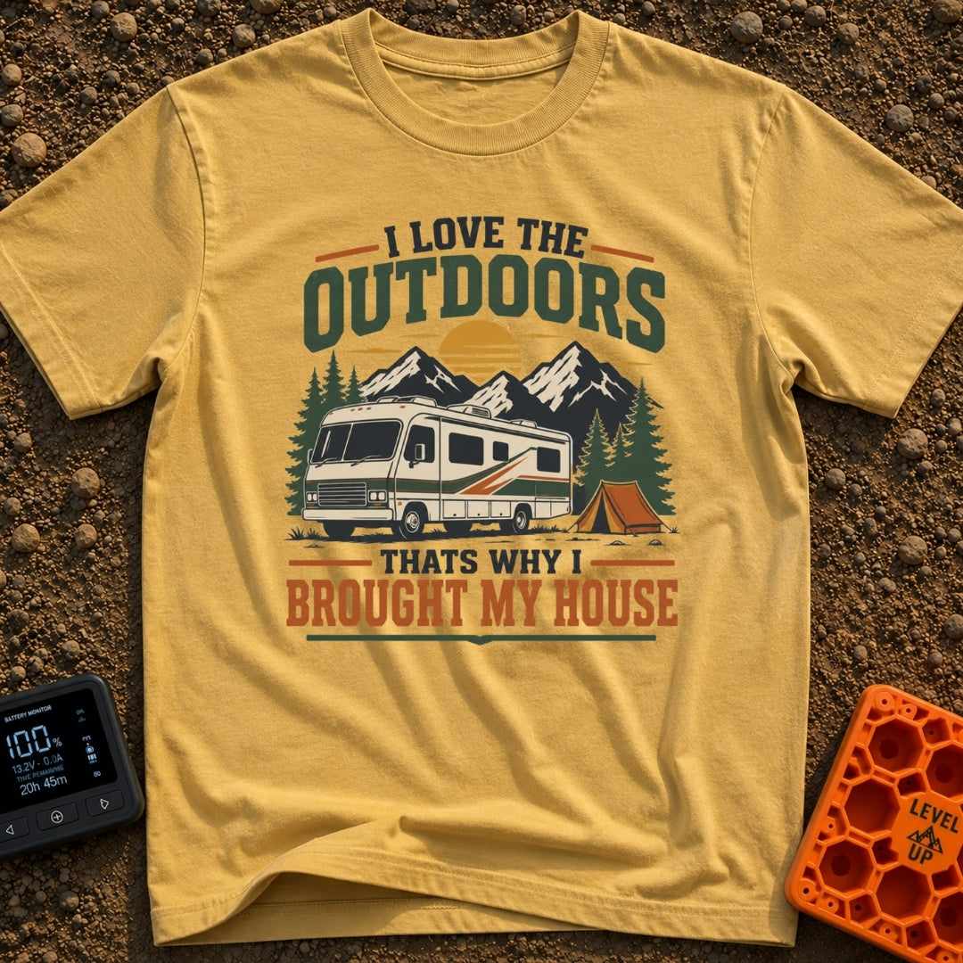 Bring Your Own House - T-Shirt in Mustard - An illustration of a large Class A motorhome parked in a forest with...