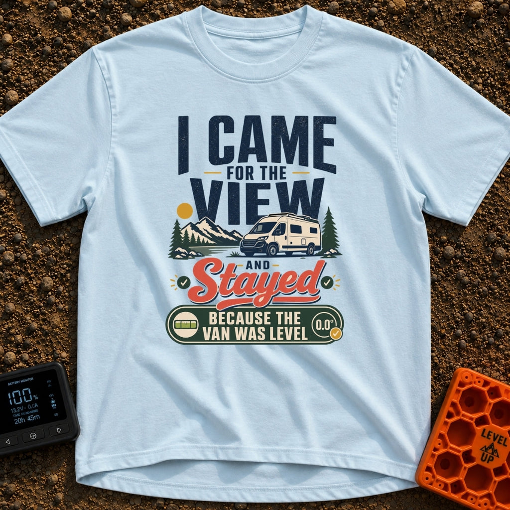 Stayed For The Level - T-Shirt in Chambray - A typographic design featuring a white camper van parked near a lake with...