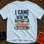 Stayed For The Level - T-Shirt in Chambray - A typographic design featuring a white camper van parked near a lake with...