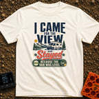 Stayed For The Level - T-Shirt in Ivory - A typographic design featuring a white camper van parked near a lake with...