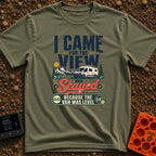Stayed For The Level - T-Shirt in Moss - A typographic design featuring a white camper van parked near a lake with...