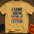 Stayed For The Level - T-Shirt in Mustard - A typographic design featuring a white camper van parked near a lake with...