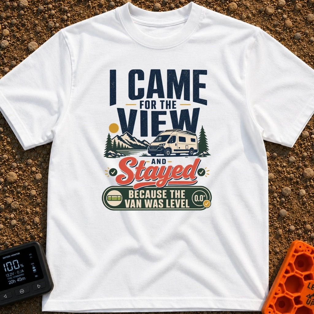 Stayed For The Level - T-Shirt in White - A typographic design featuring a white camper van parked near a lake with...