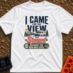 Stayed For The Level - T-Shirt in White - A typographic design featuring a white camper van parked near a lake with...