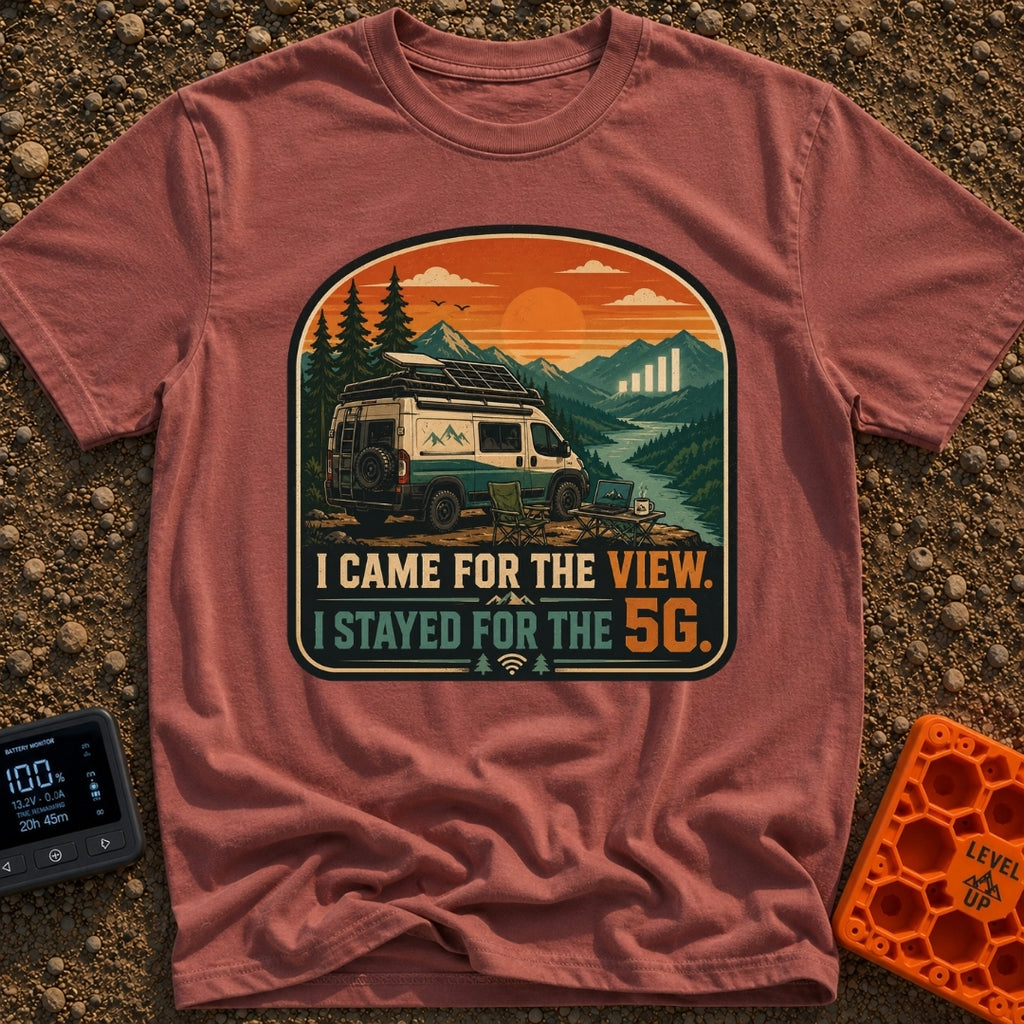 Views and 5G - T-Shirt in Brick - A white and teal camper van parked by a river with mountains at sunset, featuring a...