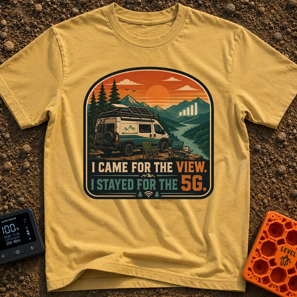 Views and 5G - T-Shirt in Mustard - A white and teal camper van parked by a river with mountains at sunset, featuring a...