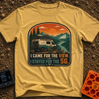Views and 5G - T-Shirt in Mustard - A white and teal camper van parked by a river with mountains at sunset, featuring a...