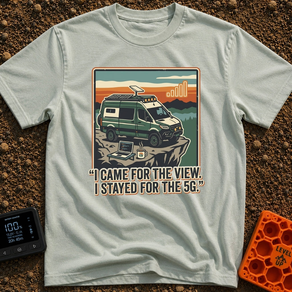 Stayed For The 5G - T-Shirt in Bay - A green camper van with roof-mounted solar panels and a satellite dish is parked on...