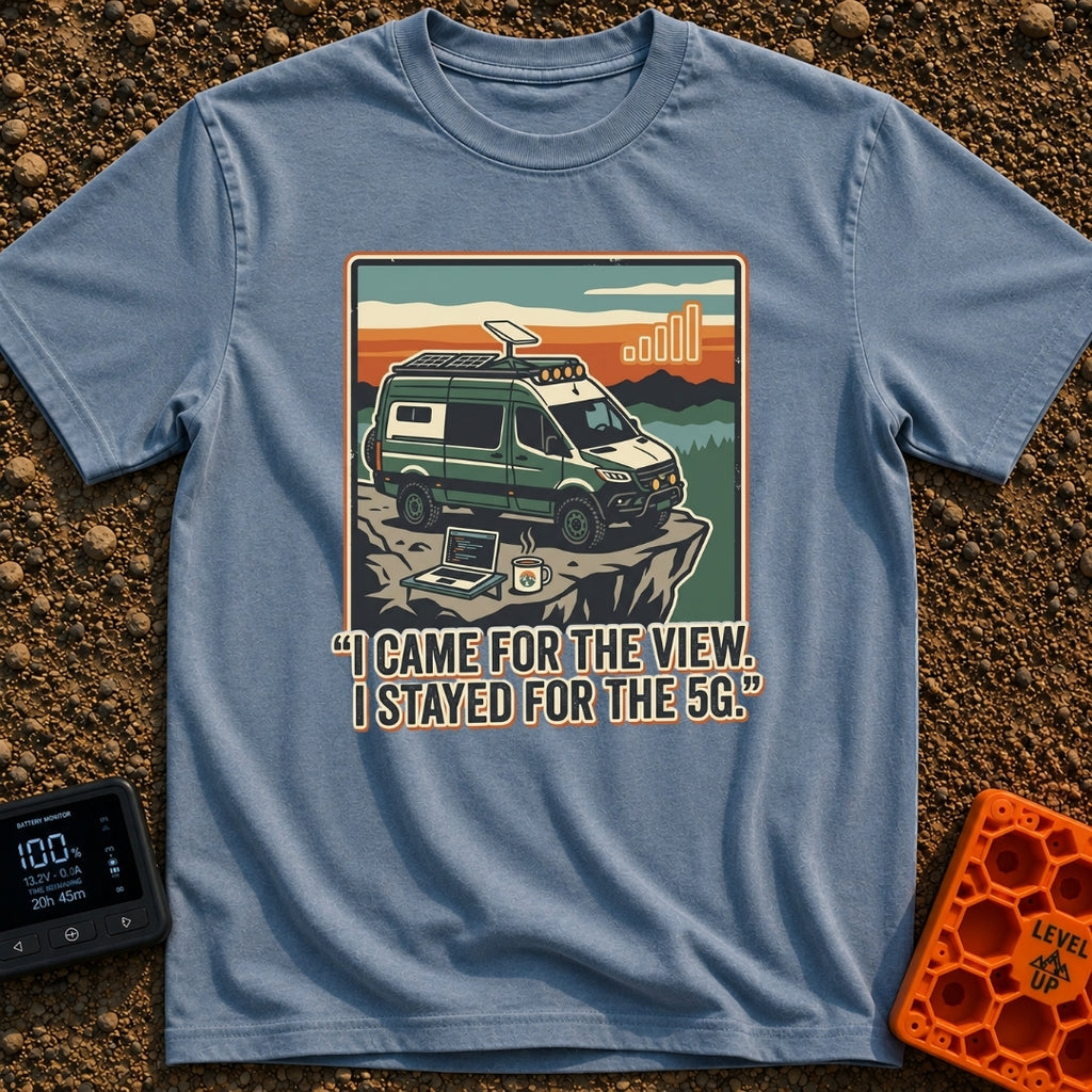 Stayed For The 5G - T-Shirt in Blue Jean - A green camper van with roof-mounted solar panels and a satellite dish is...
