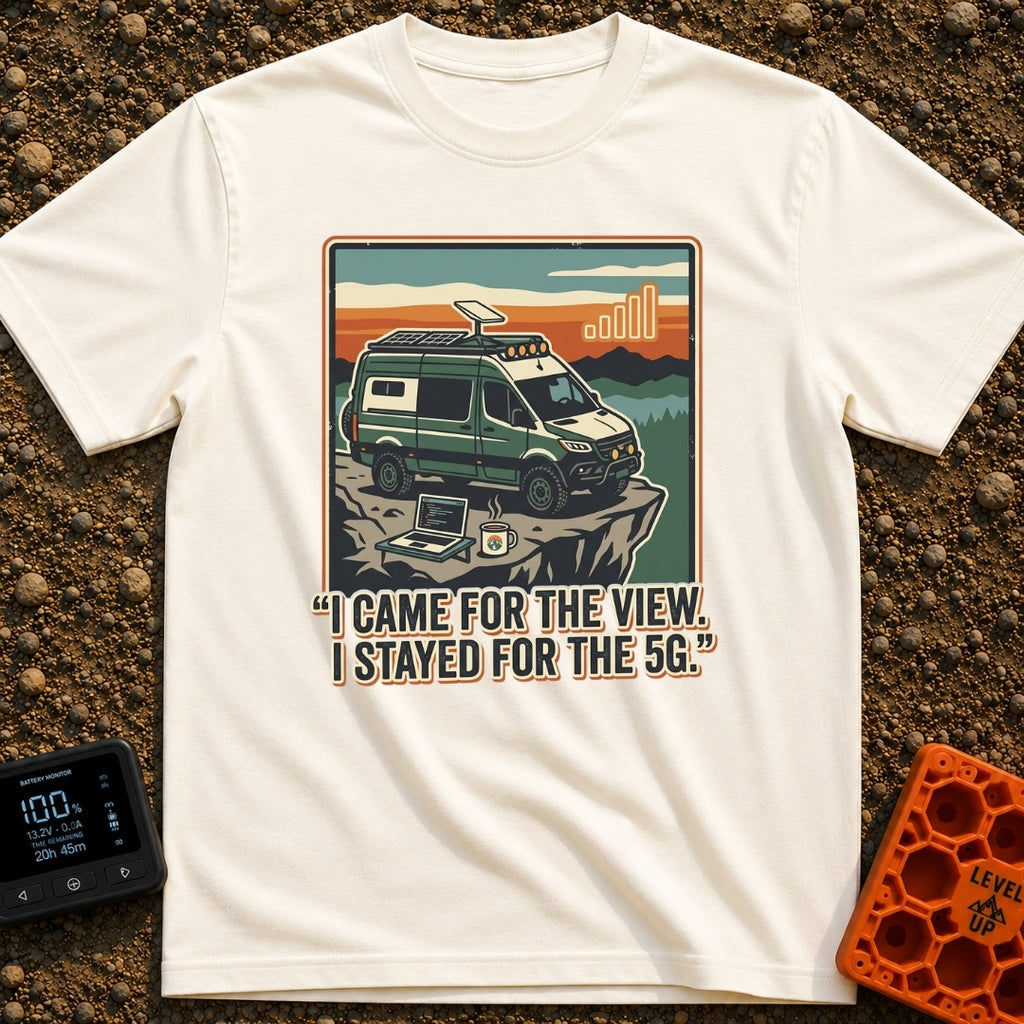 Stayed For The 5G - T-Shirt in Ivory - A green camper van with roof-mounted solar panels and a satellite dish is parked...
