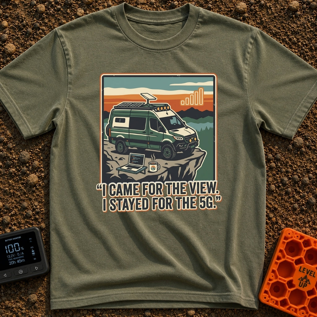 Stayed For The 5G - T-Shirt in Moss - A green camper van with roof-mounted solar panels and a satellite dish is parked on...