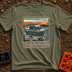 Stayed For The 5G - T-Shirt in Moss - A green camper van with roof-mounted solar panels and a satellite dish is parked on...