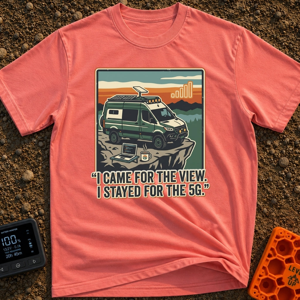 Stayed For The 5G - T-Shirt in Watermelon - A green camper van with roof-mounted solar panels and a satellite dish is...