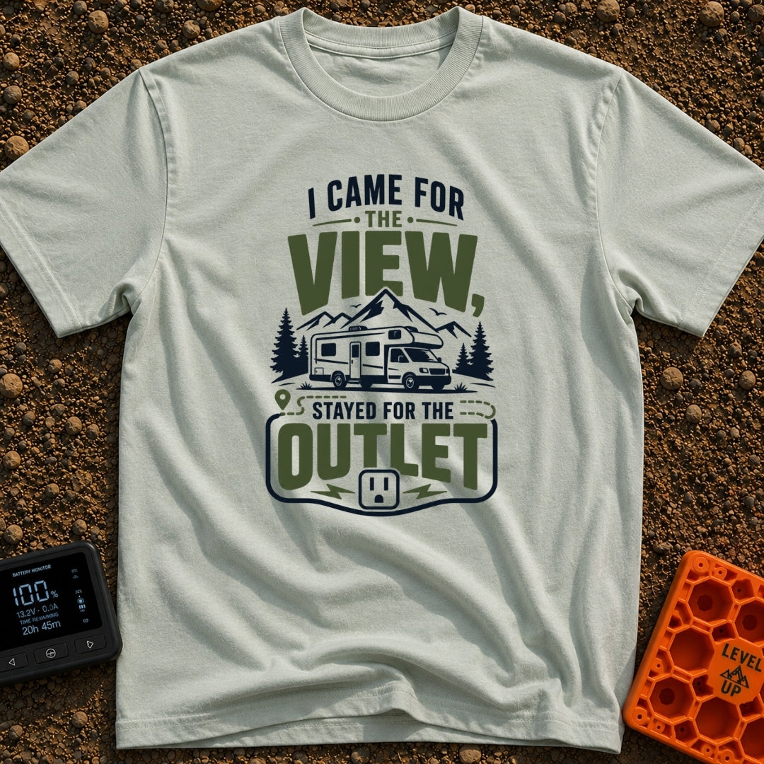 Stayed For The Outlet - T-Shirt in Bay - A graphic featuring a Class C motorhome parked in front of mountains and pine...