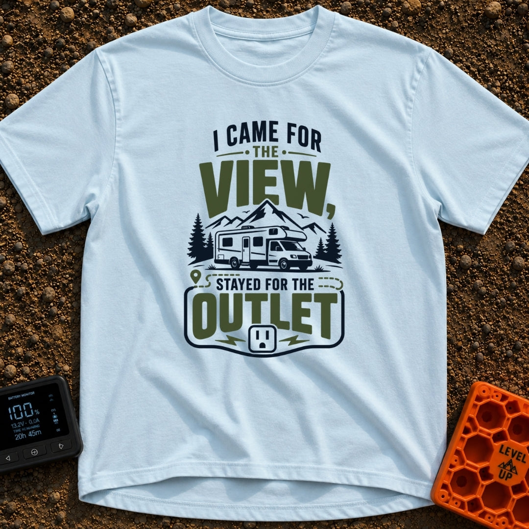 Stayed For The Outlet - T-Shirt in Chambray - A graphic featuring a Class C motorhome parked in front of mountains and...
