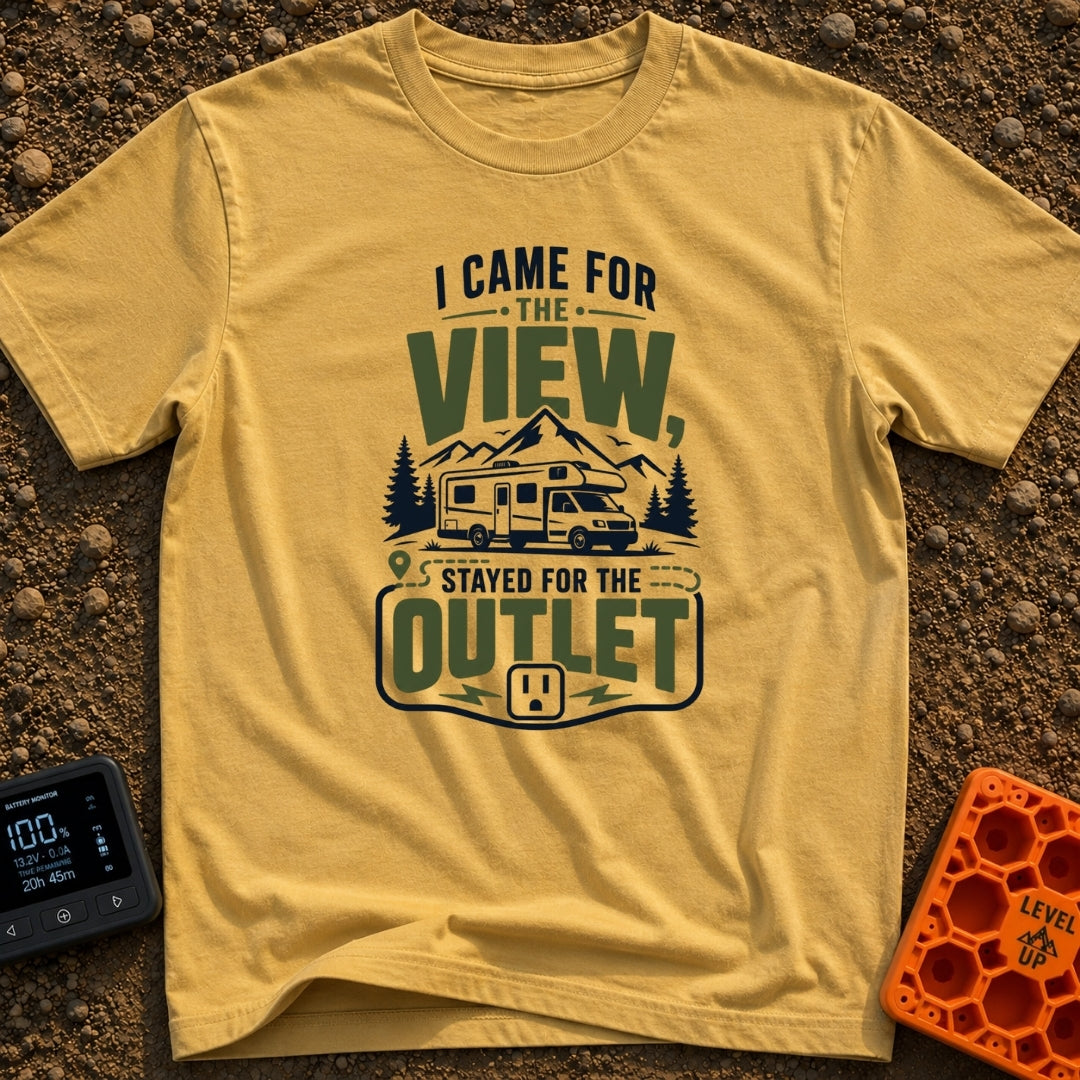 Stayed For The Outlet - T-Shirt in Mustard - A graphic featuring a Class C motorhome parked in front of mountains and...