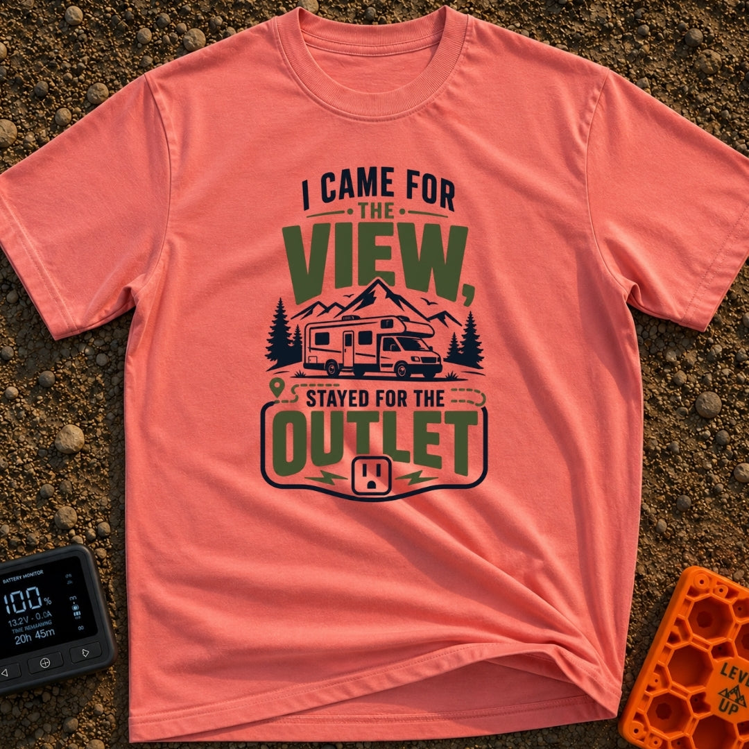 Stayed For The Outlet - T-Shirt in Watermelon - A graphic featuring a Class C motorhome parked in front of mountains and...