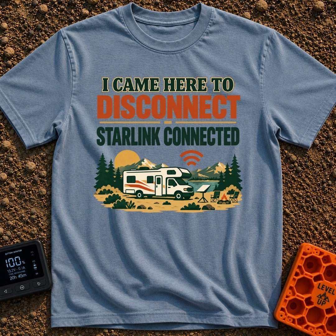 Disconnect My Starlink - T-Shirt in Blue Jean - A Class C motorhome parked near a lake and mountains, featuring a...