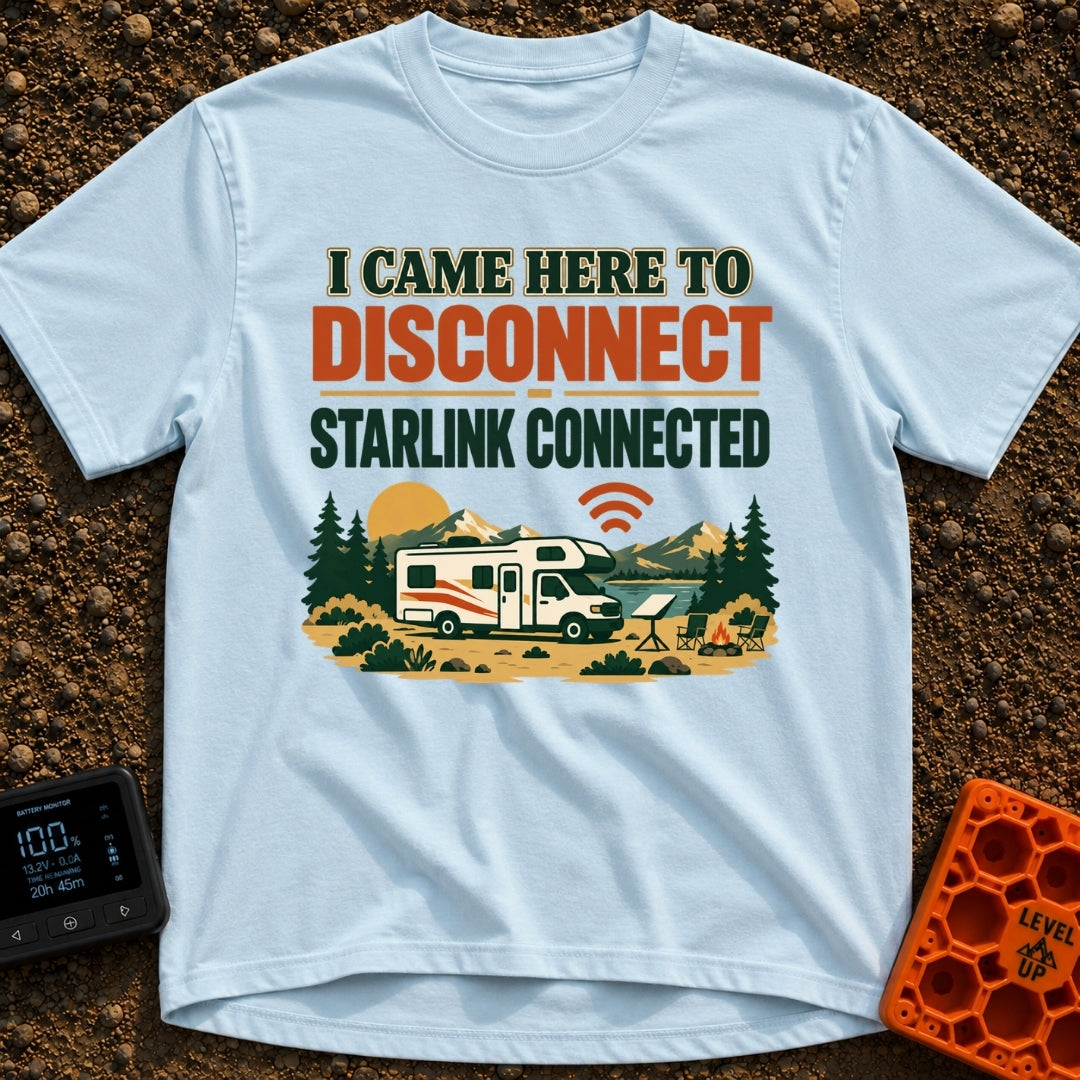 Disconnect My Starlink - T-Shirt in Chambray - A Class C motorhome parked near a lake and mountains, featuring a campsite...