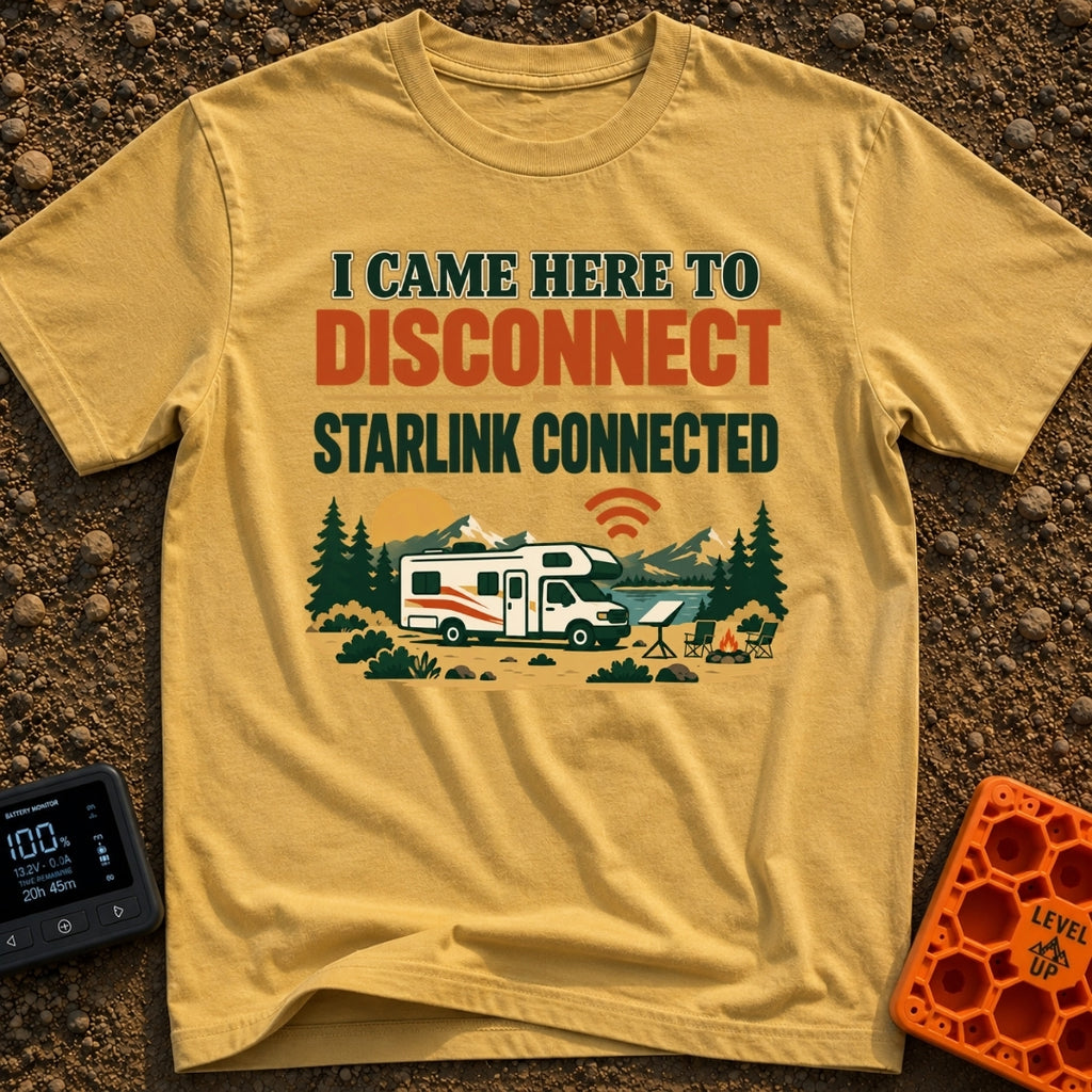 Disconnect My Starlink - T-Shirt in Mustard - A Class C motorhome parked near a lake and mountains, featuring a campsite...