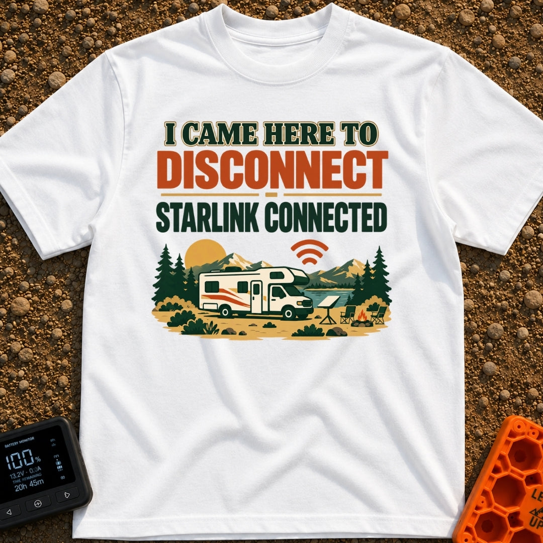 Disconnect My Starlink - T-Shirt in White - A Class C motorhome parked near a lake and mountains, featuring a campsite...