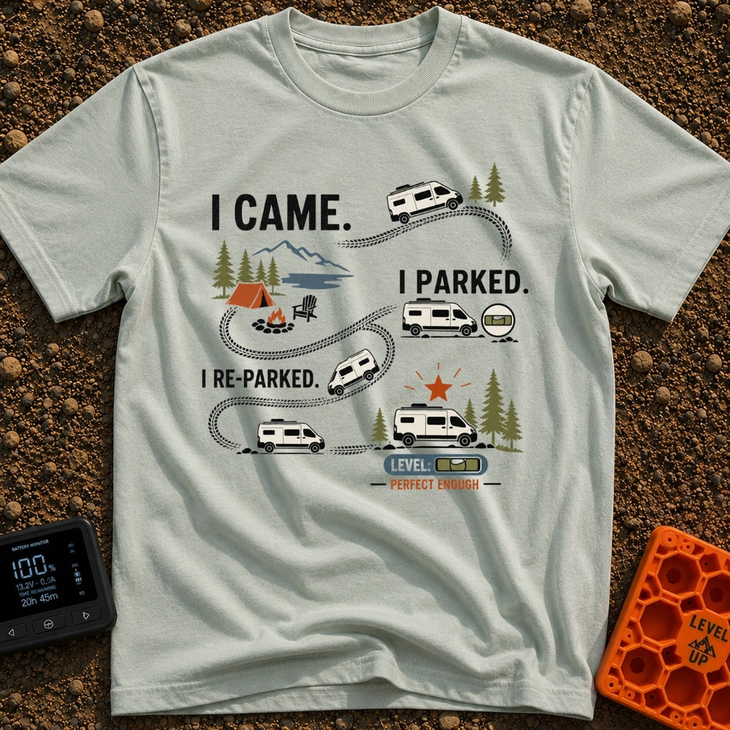 Parked, Reparked, Perfect - T-Shirt in Bay - An infographic-style illustration showing a camper van following tire tracks...