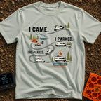 Parked, Reparked, Perfect - T-Shirt in Bay - An infographic-style illustration showing a camper van following tire tracks...