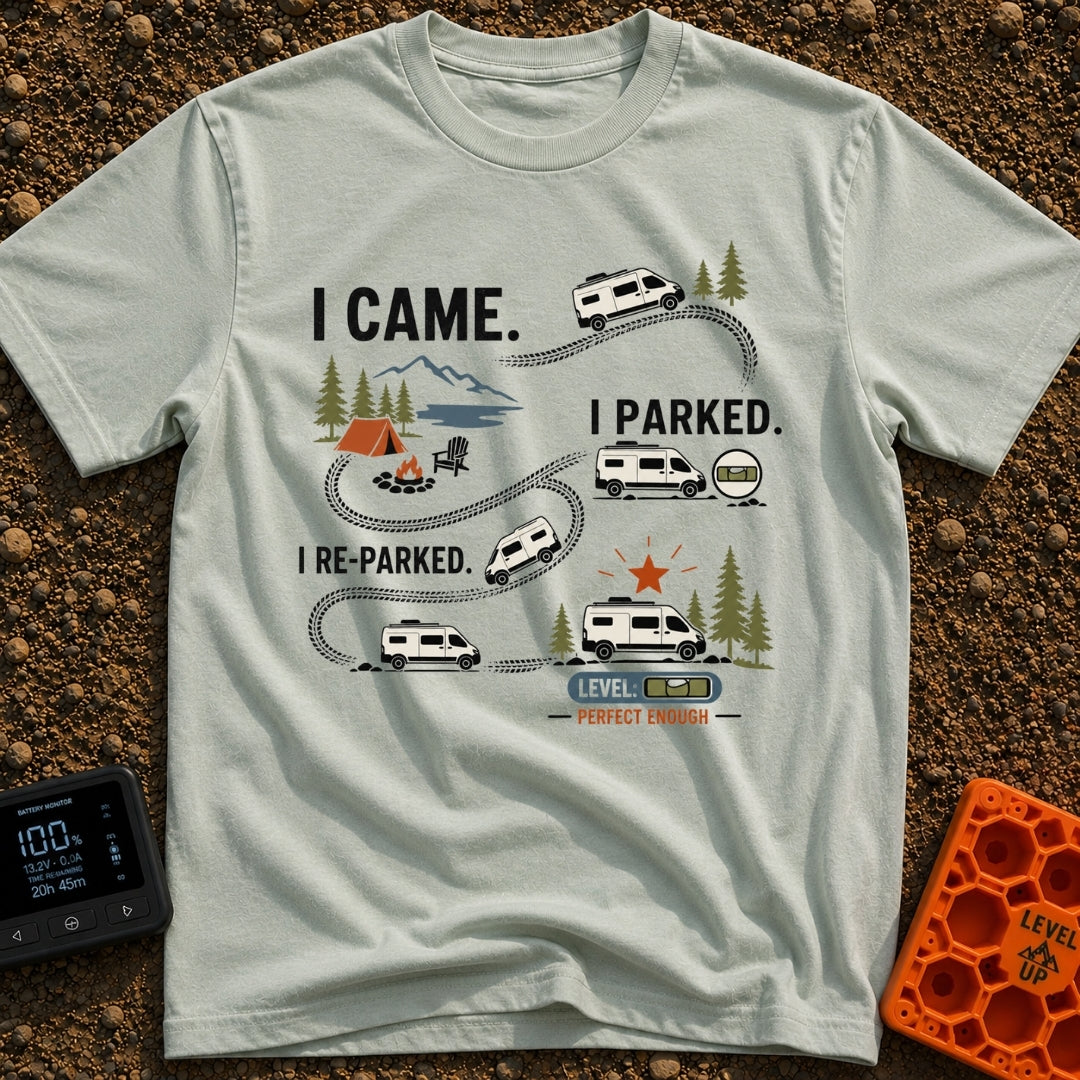 Parked, Reparked, Perfect - T-Shirt in Bay - An infographic-style illustration showing a camper van following tire tracks...