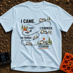 Parked, Reparked, Perfect - T-Shirt in Chambray - An infographic-style illustration showing a camper van following tire...