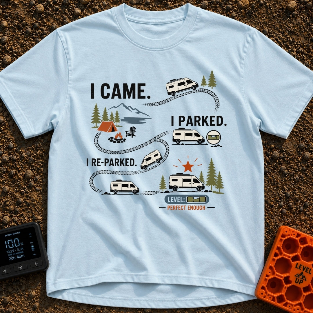 Parked, Reparked, Perfect - T-Shirt in Chambray - An infographic-style illustration showing a camper van following tire...