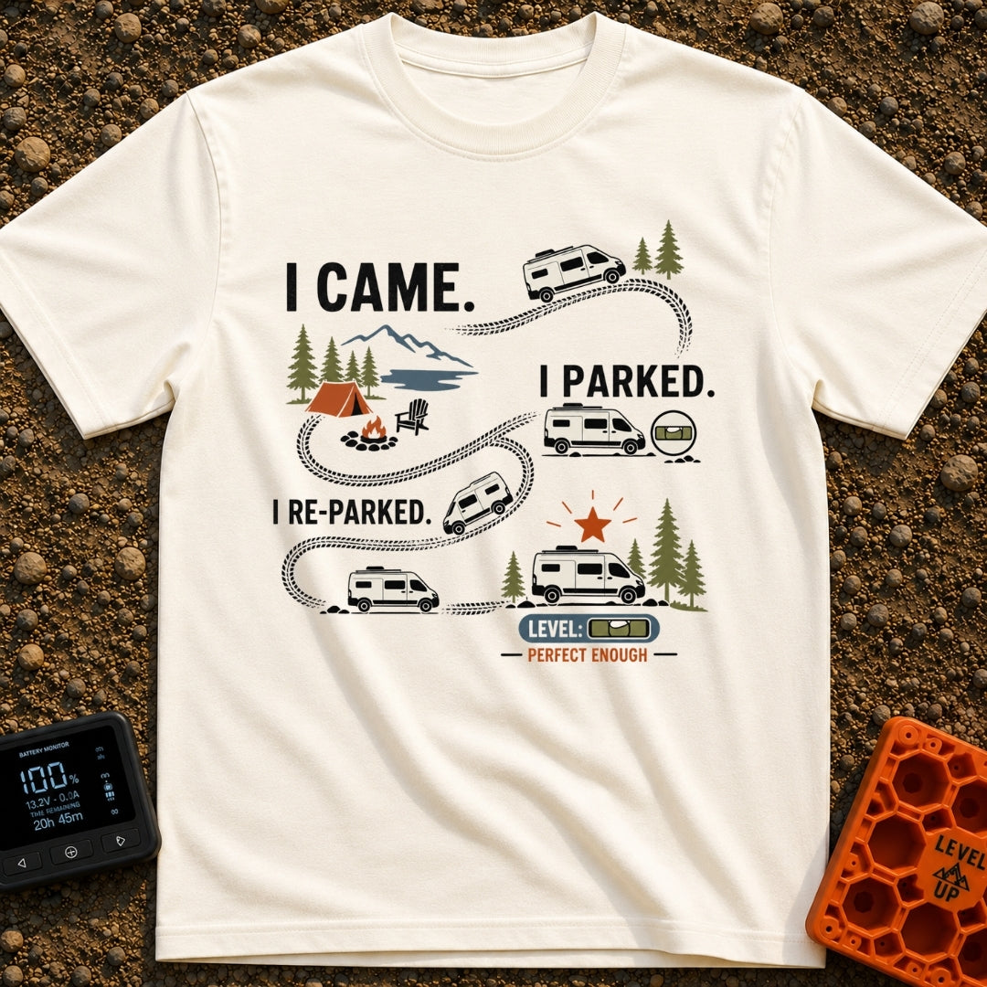 Parked, Reparked, Perfect - T-Shirt in Ivory - An infographic-style illustration showing a camper van following tire...