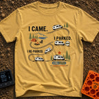 Parked, Reparked, Perfect - T-Shirt in Mustard - An infographic-style illustration showing a camper van following tire...