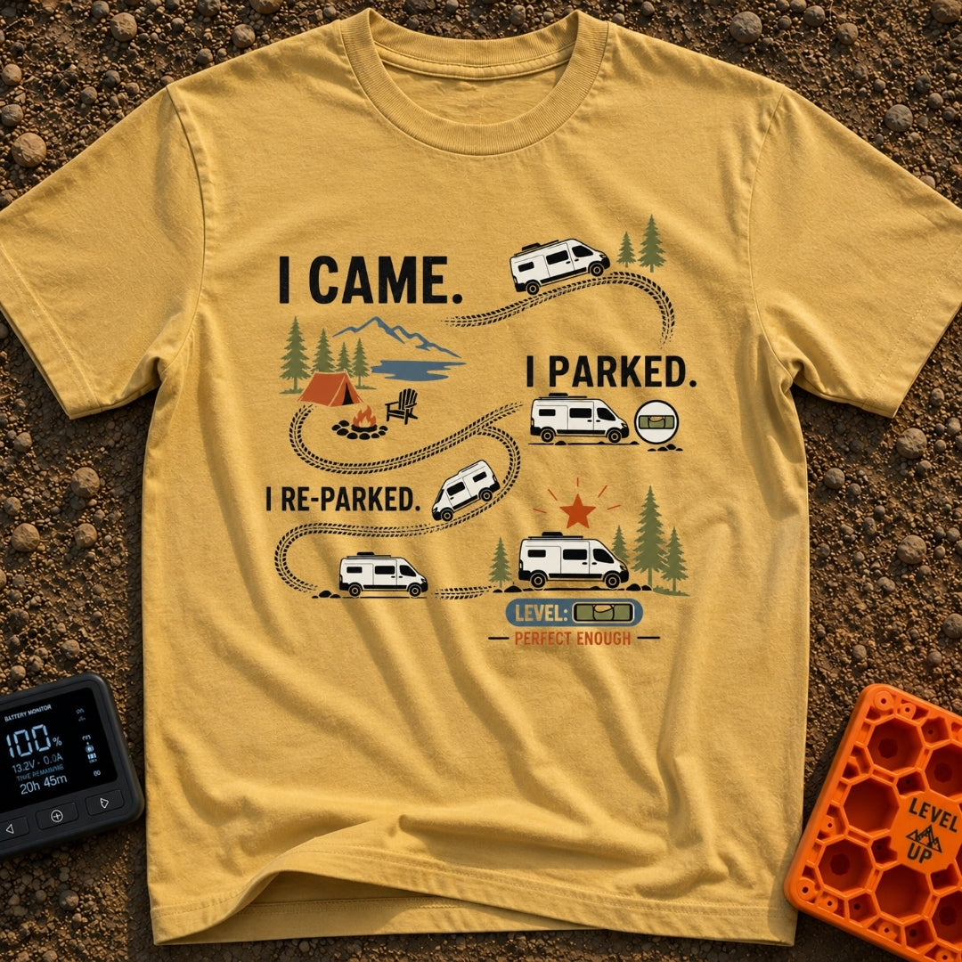 Parked, Reparked, Perfect - T-Shirt in Mustard - An infographic-style illustration showing a camper van following tire...