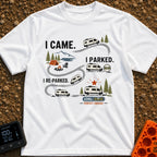 Parked, Reparked, Perfect - T-Shirt in White - An infographic-style illustration showing a camper van following tire...