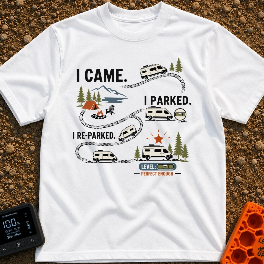 Parked, Reparked, Perfect - T-Shirt in White - An infographic-style illustration showing a camper van following tire...